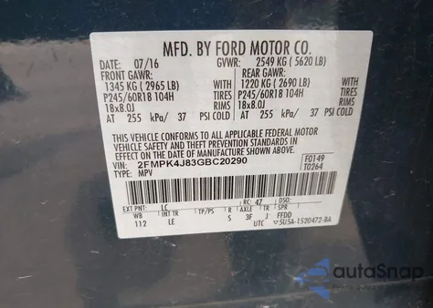 2016 Ford Edge Sel z USA, uszkodzony, nr VIN 2FMPK4J83GBC20290